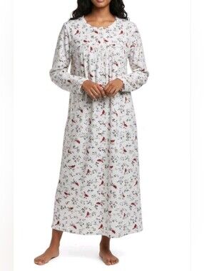 Aria White Red Cardinal Long Sleeve Velour Plush Nightgown Dress XL 16-18